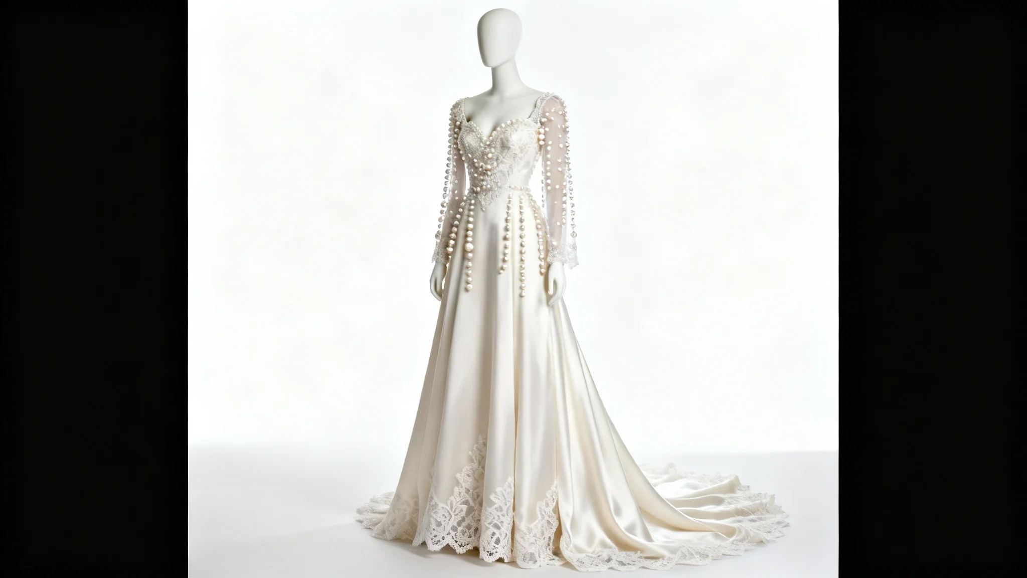 A beautiful A-line wedding dress with a beaded lace bodice and long sleeves, displayed on a mannequin against a plain white background.