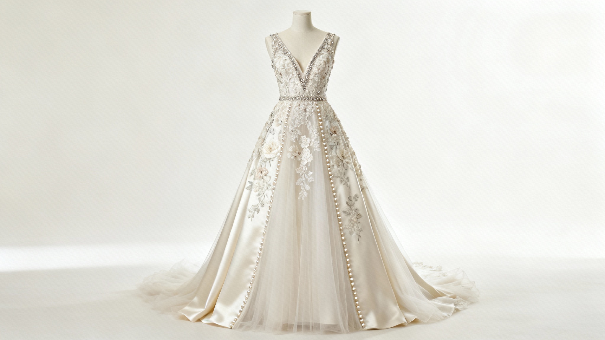 A stunning, full-length A-line wedding dress with a detailed lace bodice and a flowing tulle skirt, showcased on a mannequin against a plain white background.