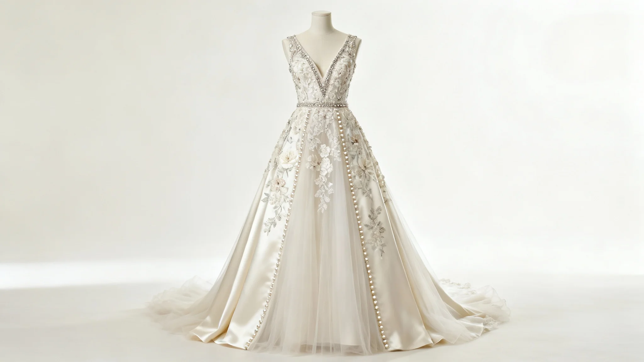A stunning, full-length A-line wedding dress with a detailed lace bodice and a flowing tulle skirt, showcased on a mannequin against a plain white background.