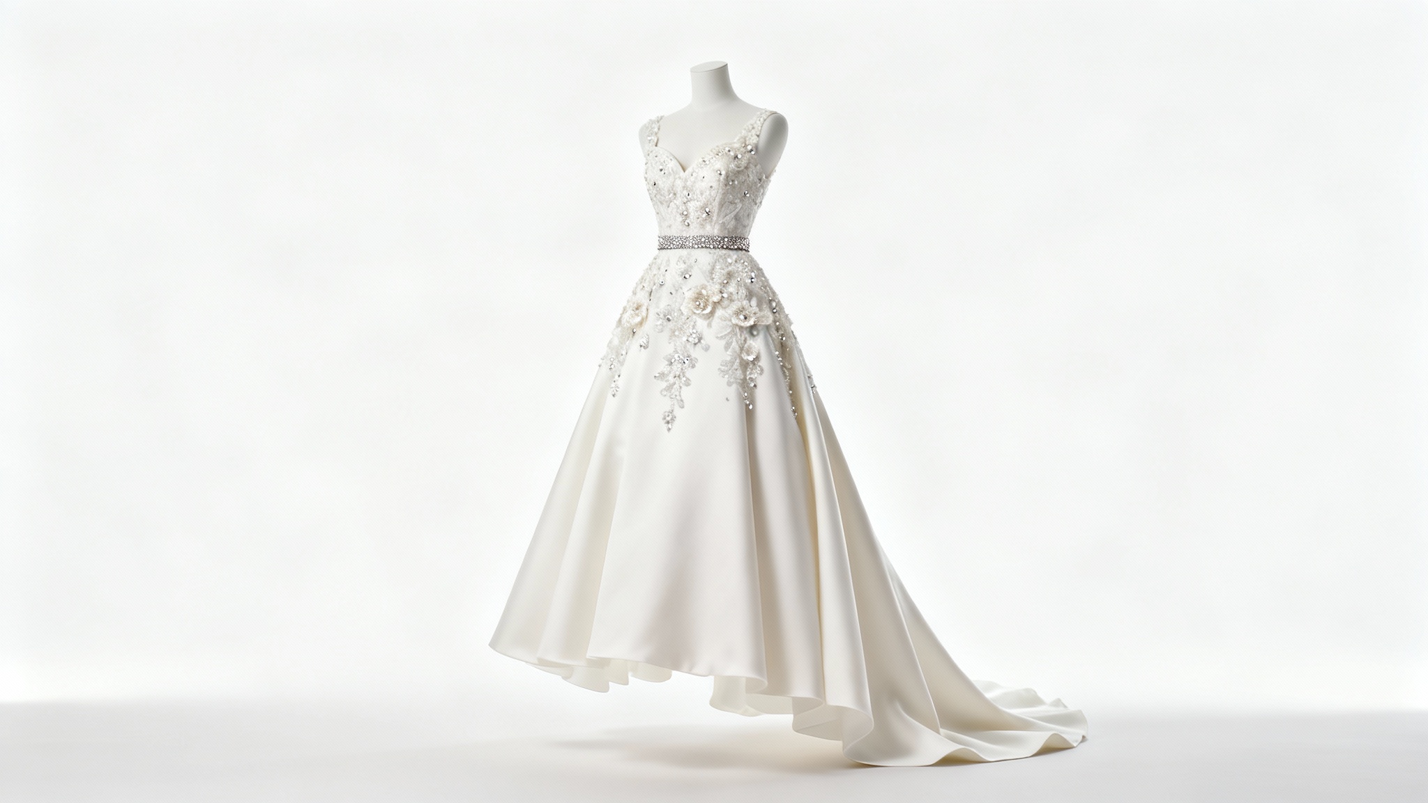 An elegant A-line wedding dress with a detailed lace and pearl bodice and a full silk skirt, displayed on an invisible mannequin against a plain white background.