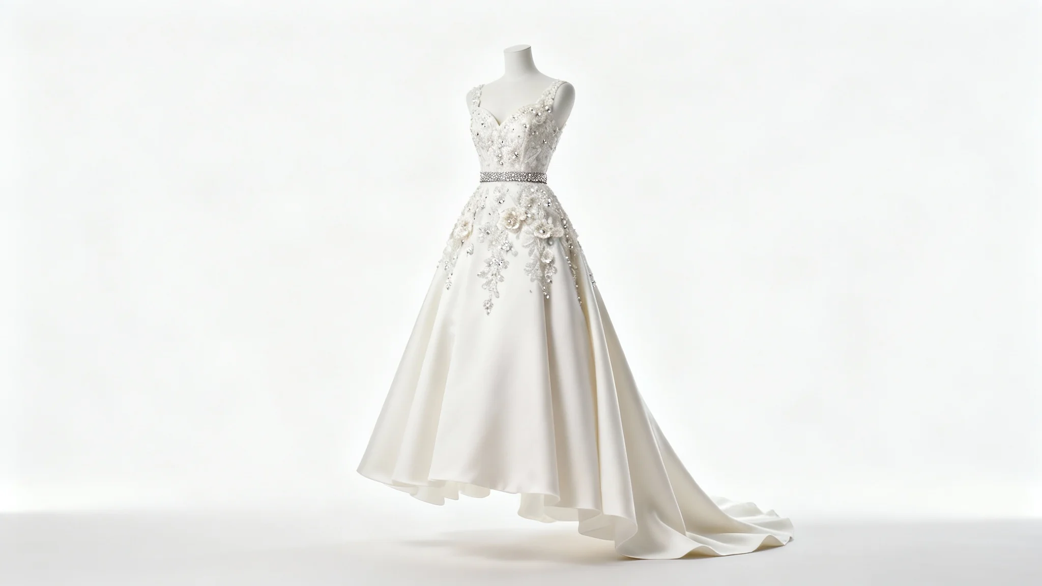 An elegant A-line wedding dress with a detailed lace and pearl bodice and a full silk skirt, displayed on an invisible mannequin against a plain white background.