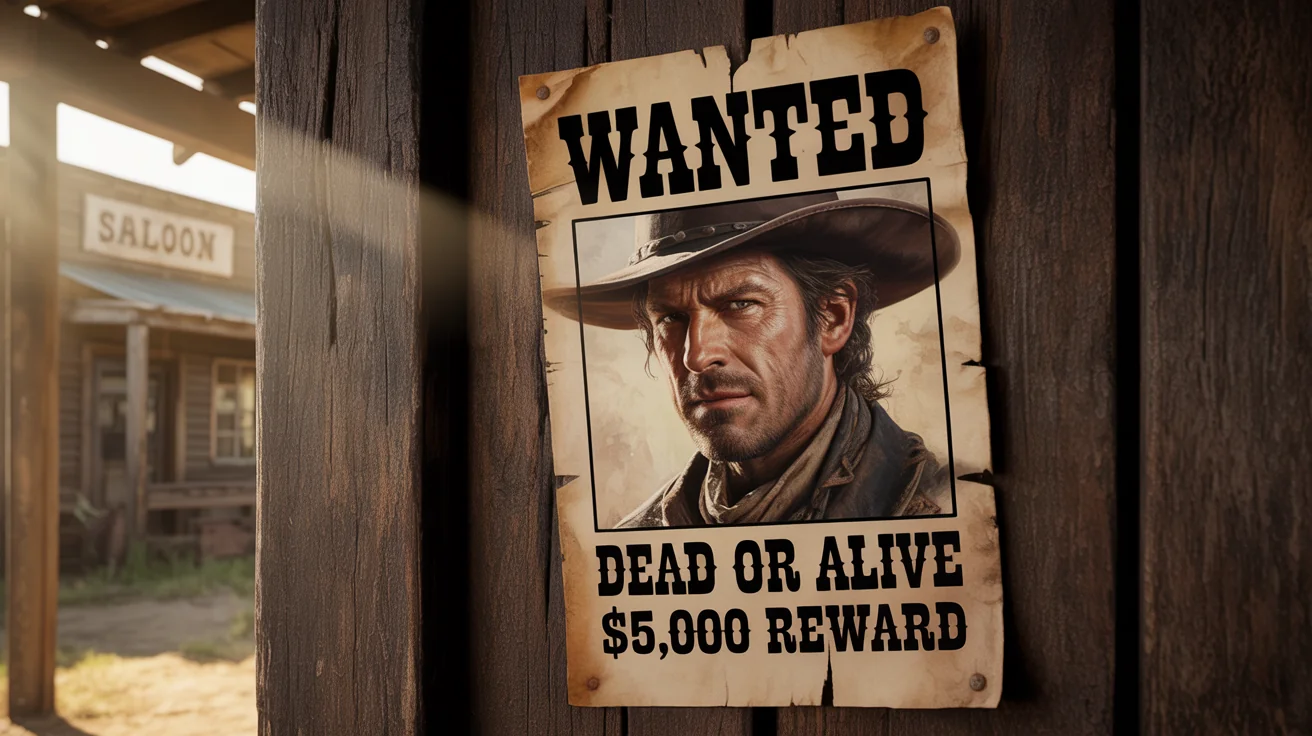 A stylized graphic of a Wild West wanted poster nailed to a wooden wall. The poster has a picture of a rugged outlaw and says 'WANTED' and 'DEAD OR ALIVE' in bold letters.