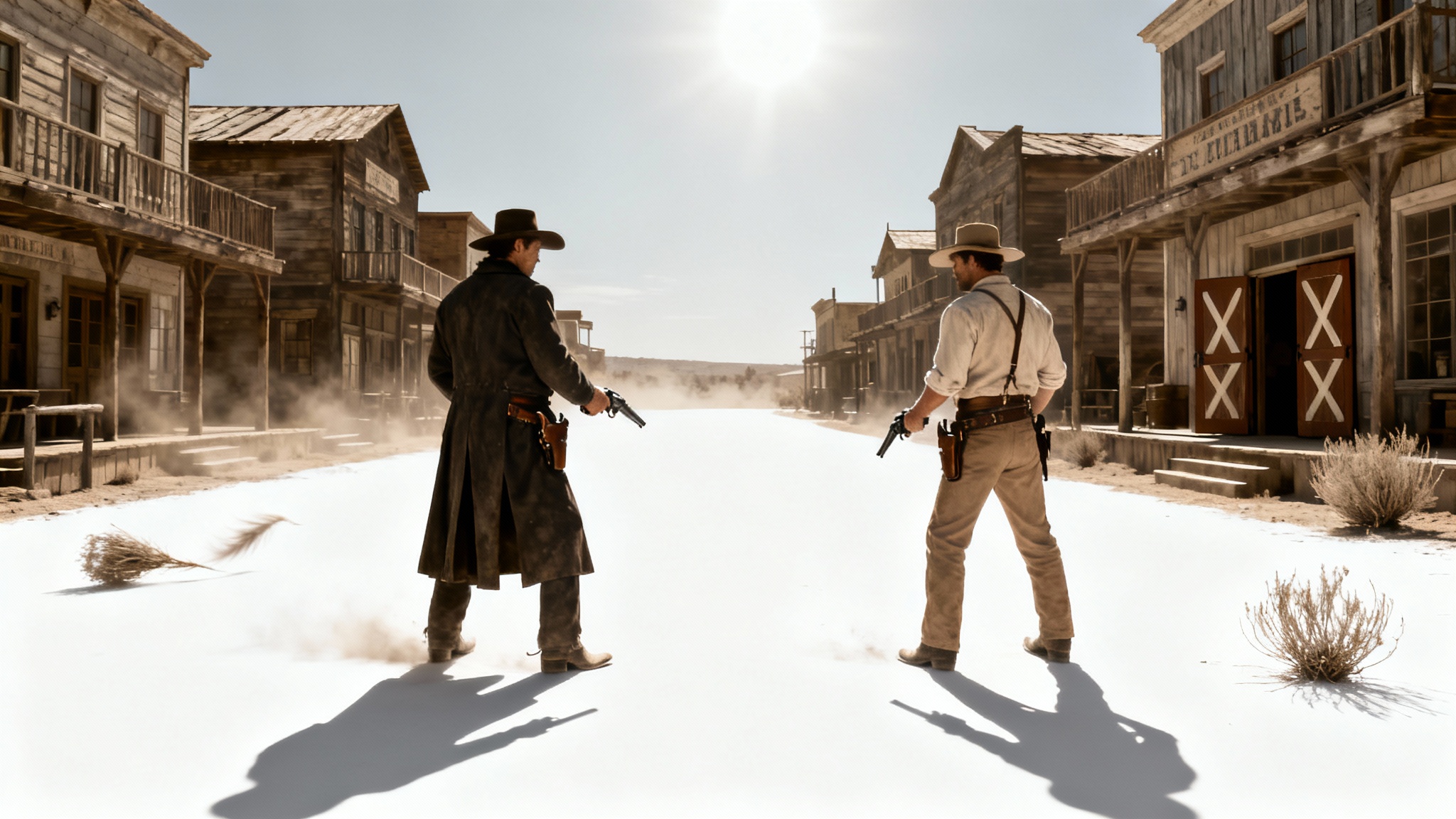 A photorealistic depiction of a tense Wild West duel at high noon on a dusty town street, with two cowboys ready to draw their guns.
