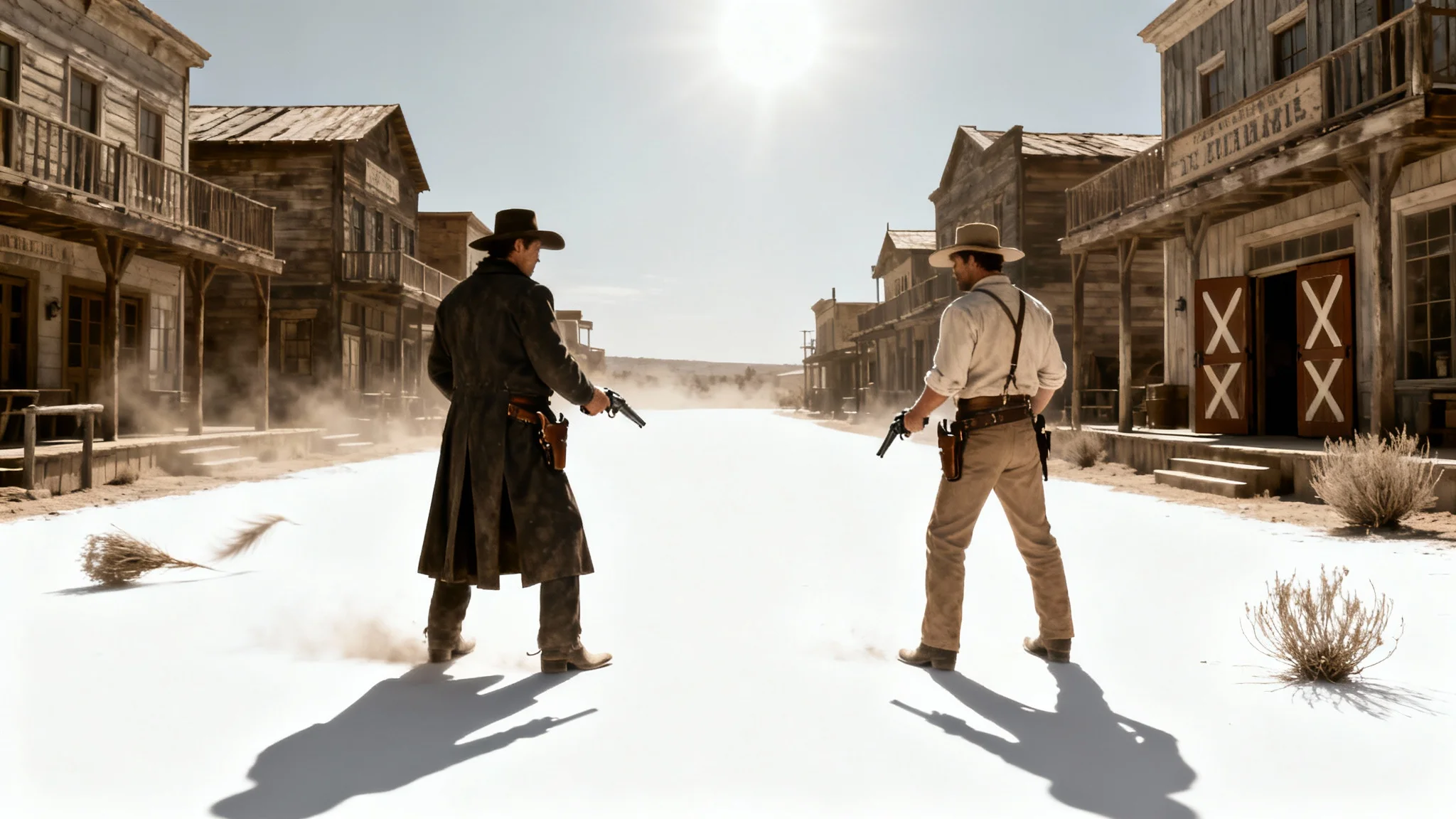 A photorealistic depiction of a tense Wild West duel at high noon on a dusty town street, with two cowboys ready to draw their guns.