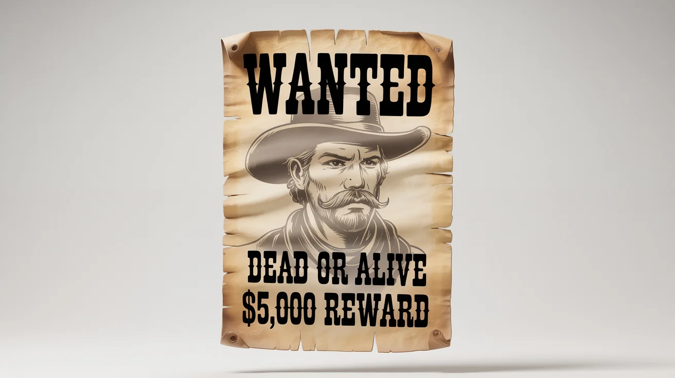 A mockup of an old-fashioned Wild West wanted poster on a white background, with the words 'WANTED', 'DEAD OR ALIVE', and '$5,000 REWARD' printed on it.