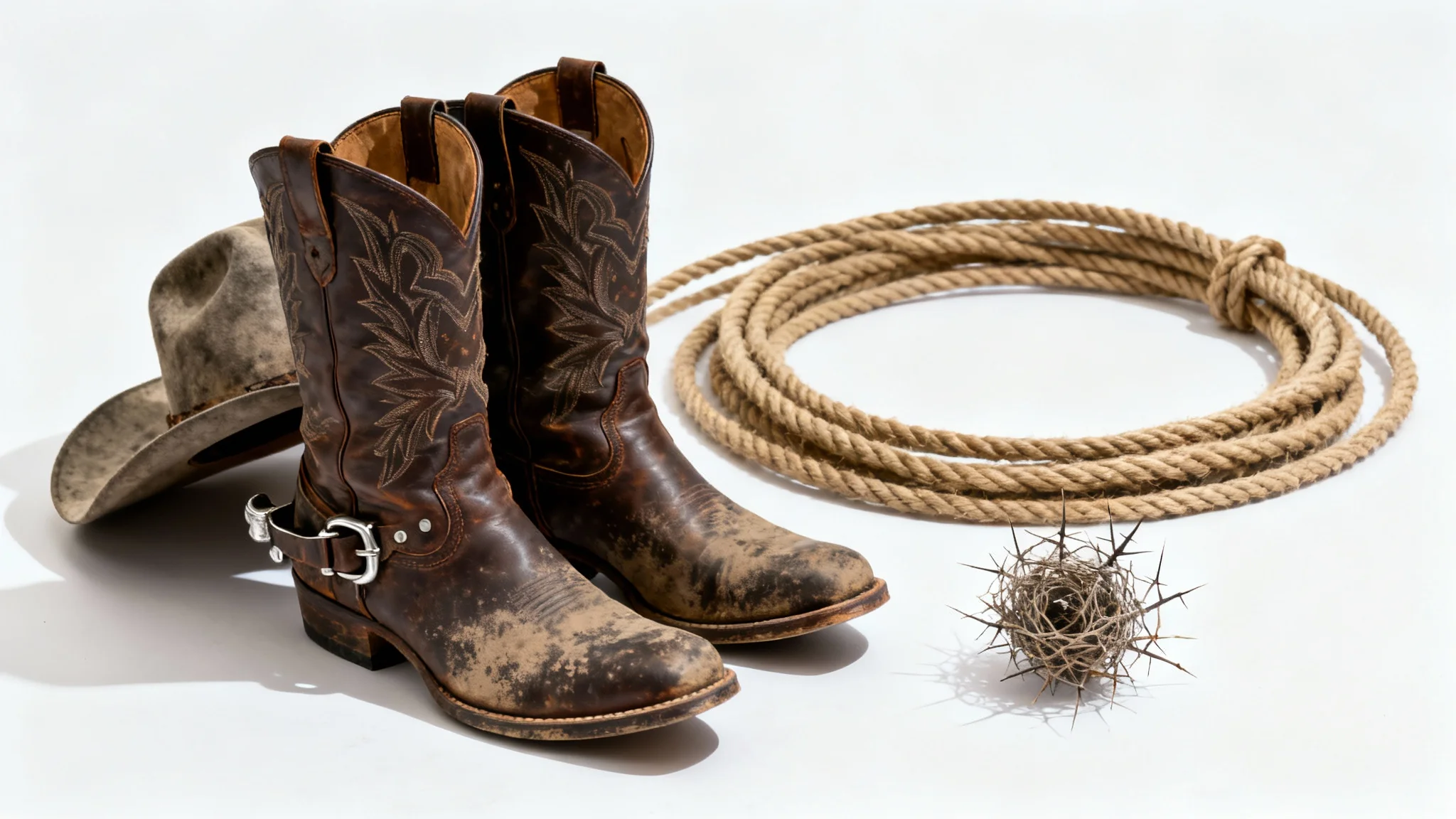A photorealistic mockup of Wild West items, featuring a pair of dusty cowboy boots, a cowboy hat, and a lasso arranged on a clean white background.