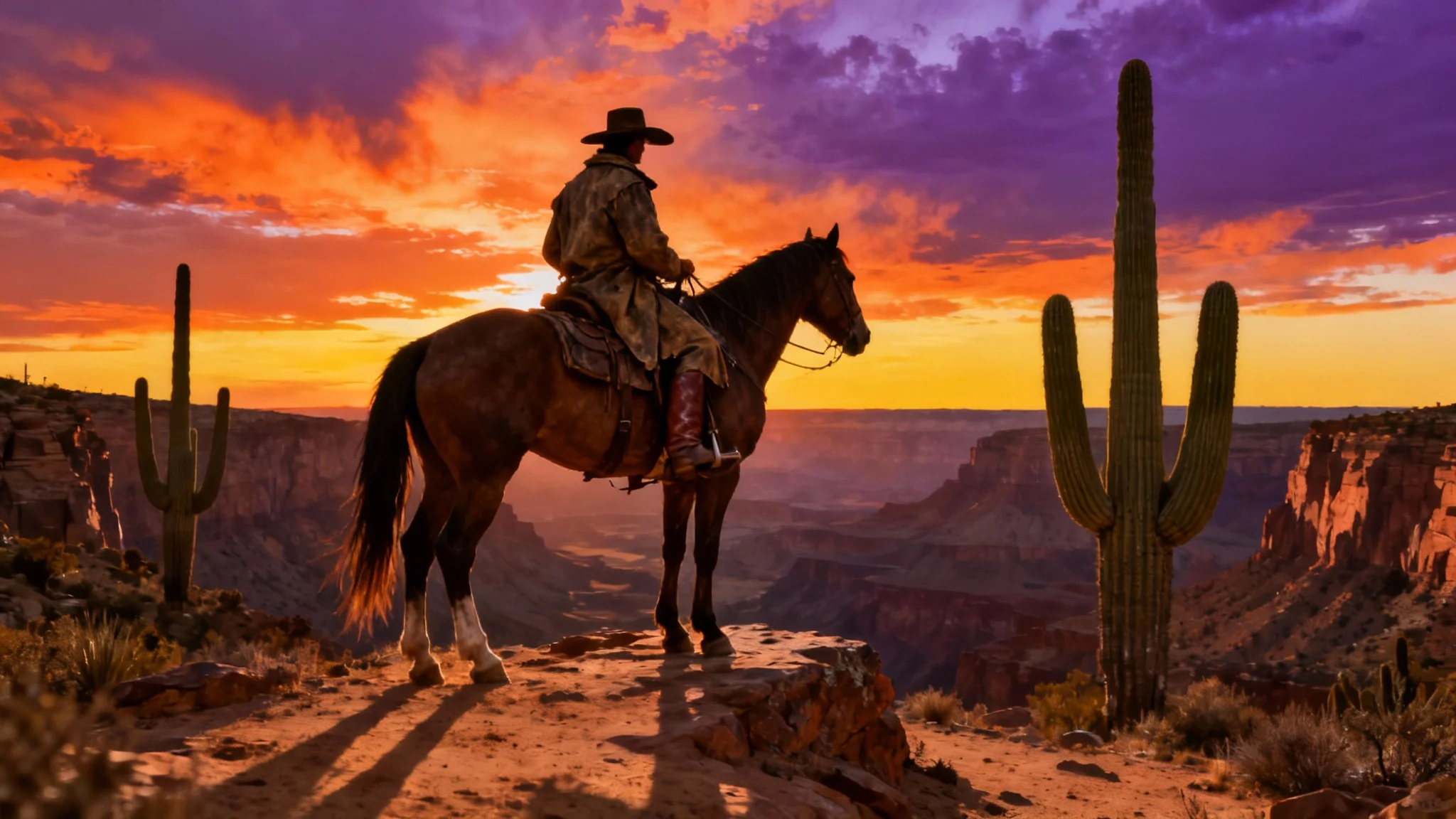 A cinematic, photorealistic image of a lone cowboy on horseback looking out over a vast desert canyon during a dramatic sunset.