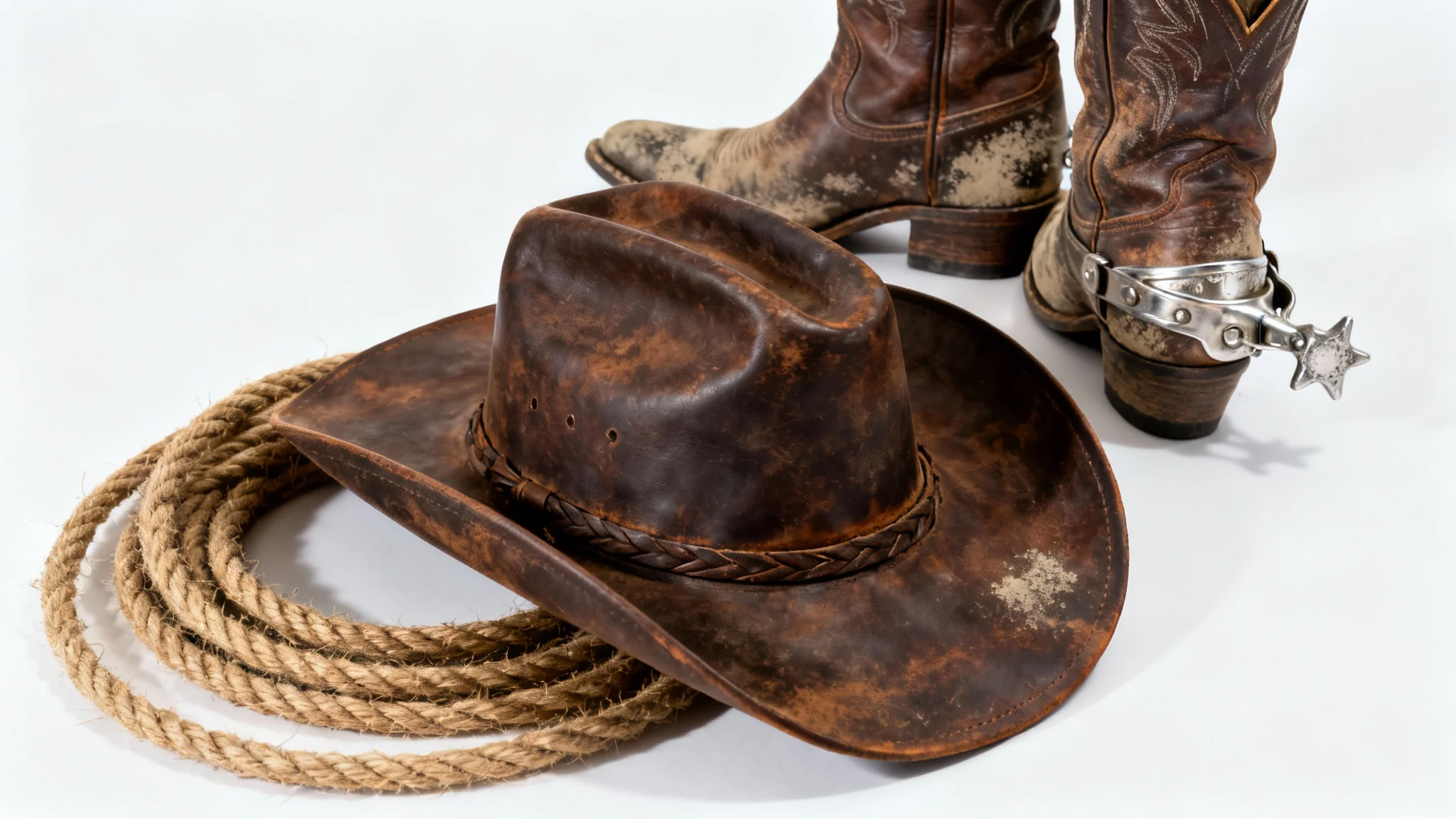 A studio photograph of classic Wild West gear on a white background, including a weathered cowboy hat, a coiled lasso, and dusty cowboy boots with spurs.