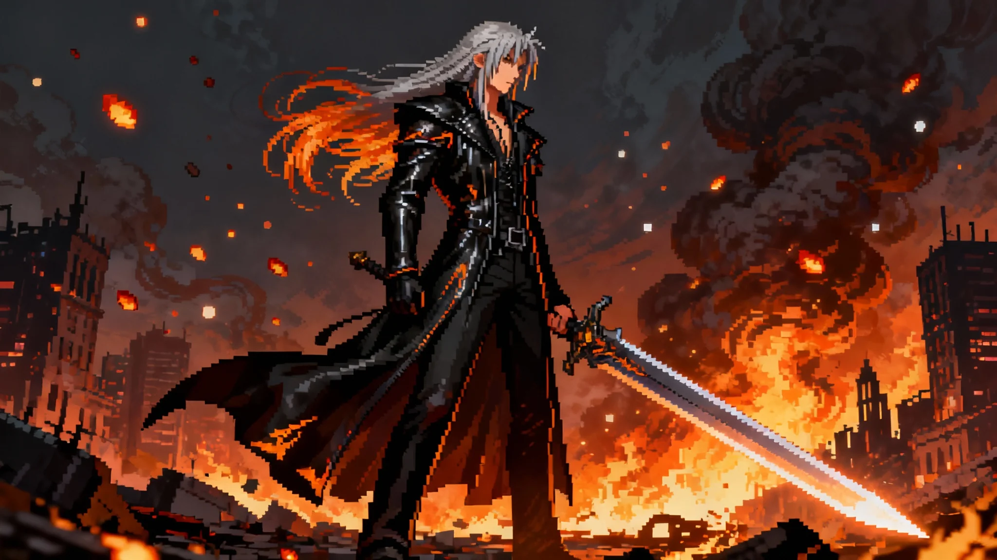 A cinematic HD pixel art depiction of Sephiroth from Final Fantasy VII, standing amidst raging flames. He is in a powerful pose with his long silver hair and black coat flowing, holding his glowing Masamune sword. The scene is highly detailed with dynamic lighting and floating embers, creating a dramatic and epic atmosphere.