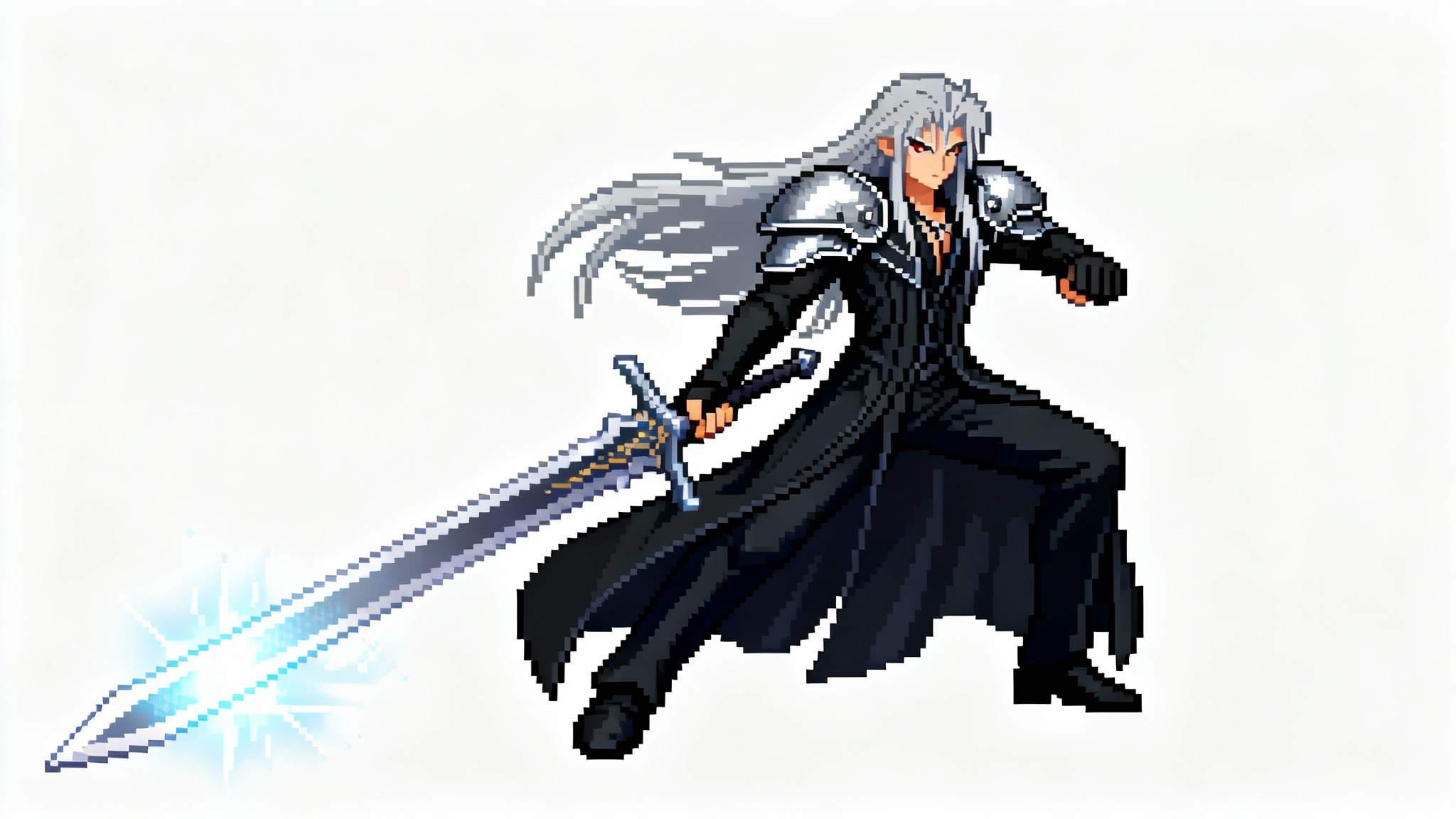 A detailed 16-bit pixel art mockup of the video game character Sephiroth, posing with his sword against a white background.