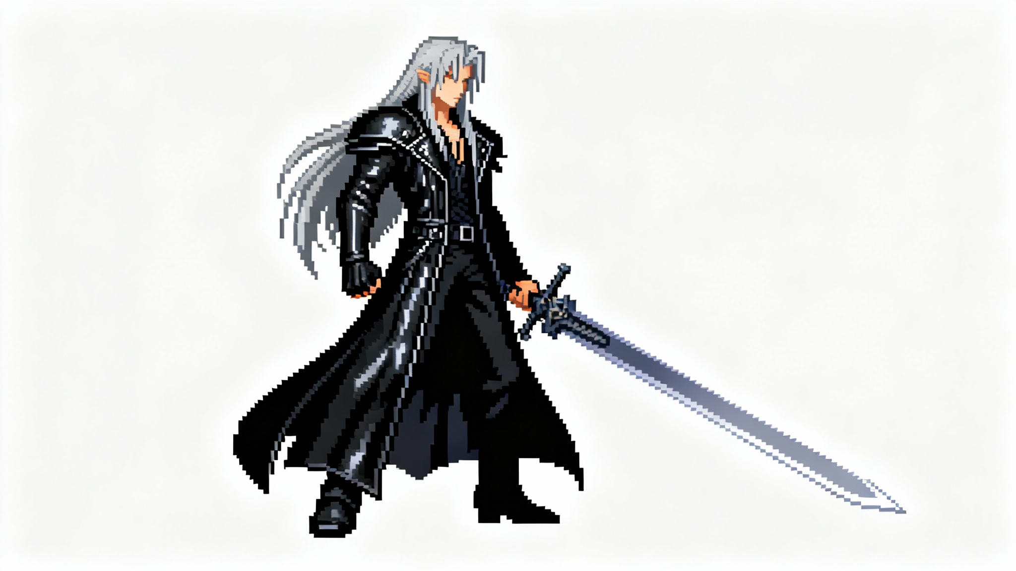 A detailed pixel art depiction of Sephiroth in a dynamic pose holding his long Masamune sword, set against a clean white background.