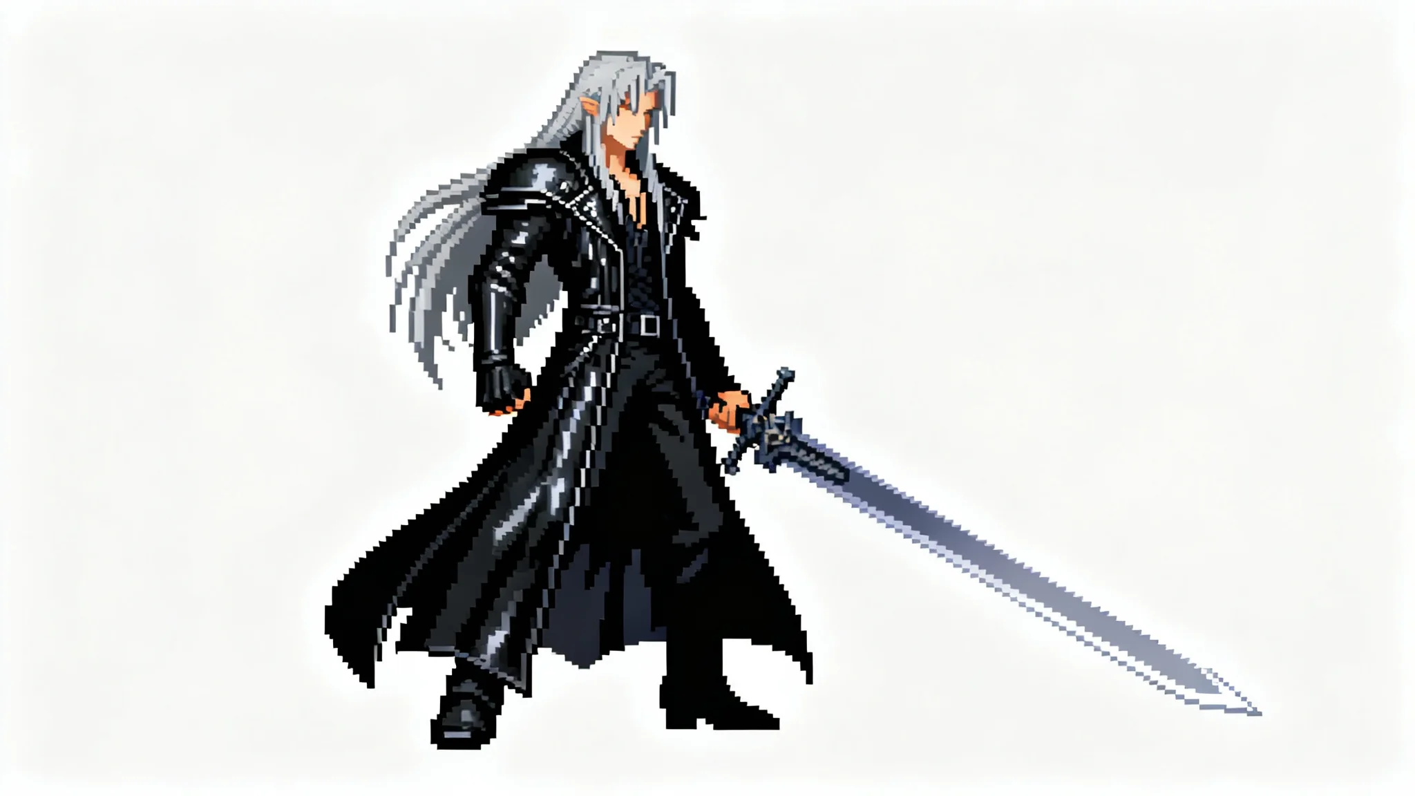 A detailed pixel art depiction of Sephiroth in a dynamic pose holding his long Masamune sword, set against a clean white background.