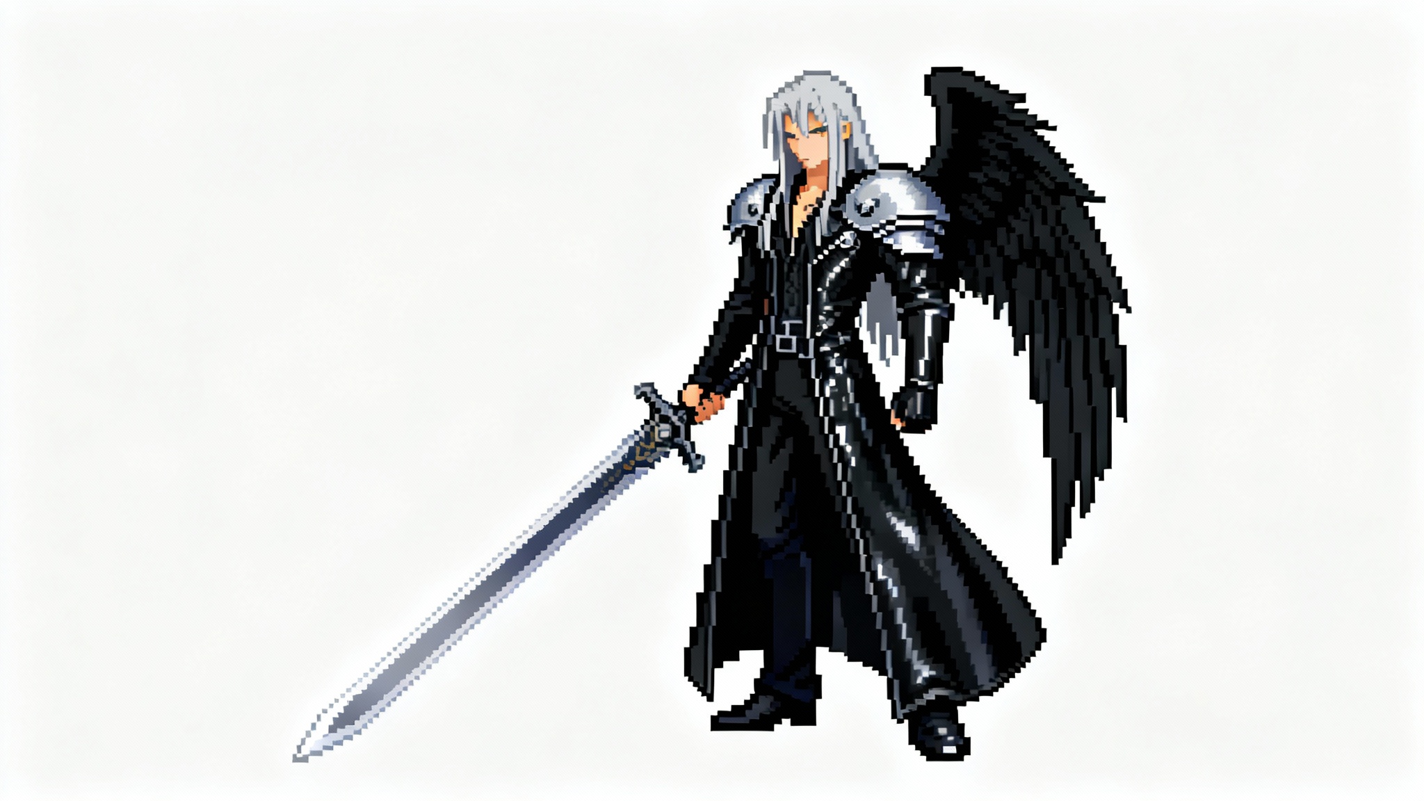 A detailed 16-bit pixel art sprite of Sephiroth from Final Fantasy VII. He is standing with a single black wing and holding his long Masamune sword, set against a plain white background.