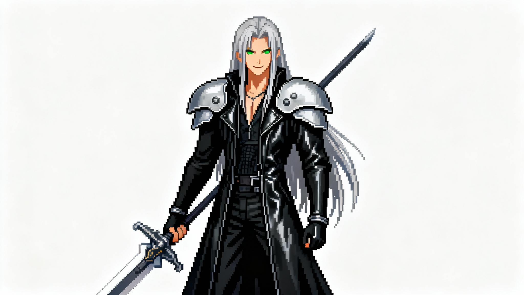 A full-body, 32-bit pixel art representation of Sephiroth, the video game character, standing confidently with his long Masamune sword against a plain white background.