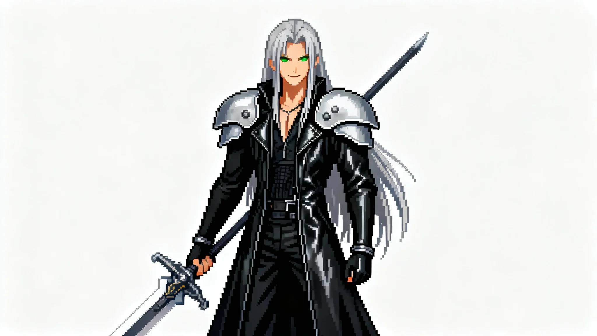 A full-body, 32-bit pixel art representation of Sephiroth, the video game character, standing confidently with his long Masamune sword against a plain white background.