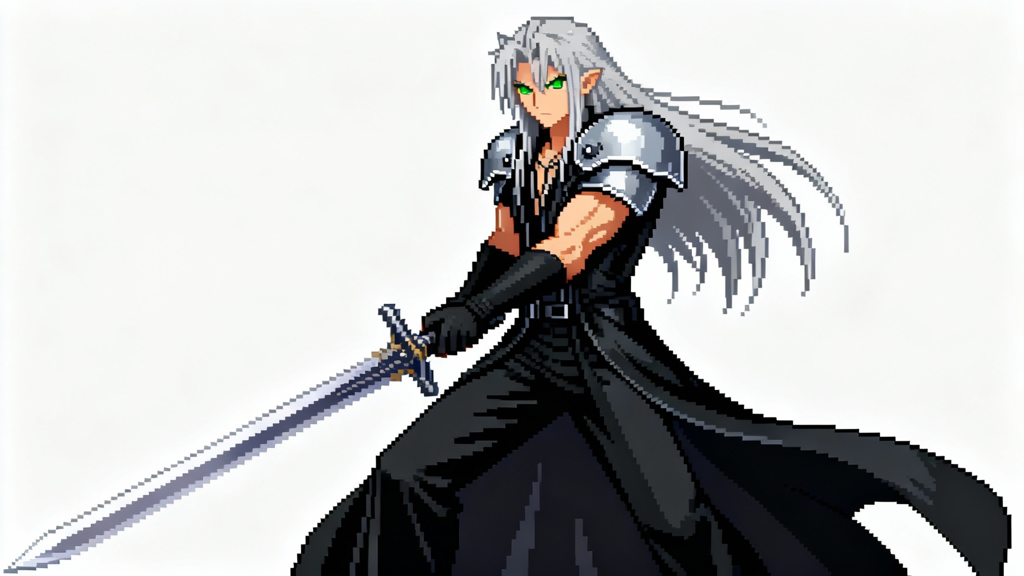 A full-body, 32-bit pixel art illustration of Sephiroth from Final Fantasy VII holding his Masamune sword against a plain white background.