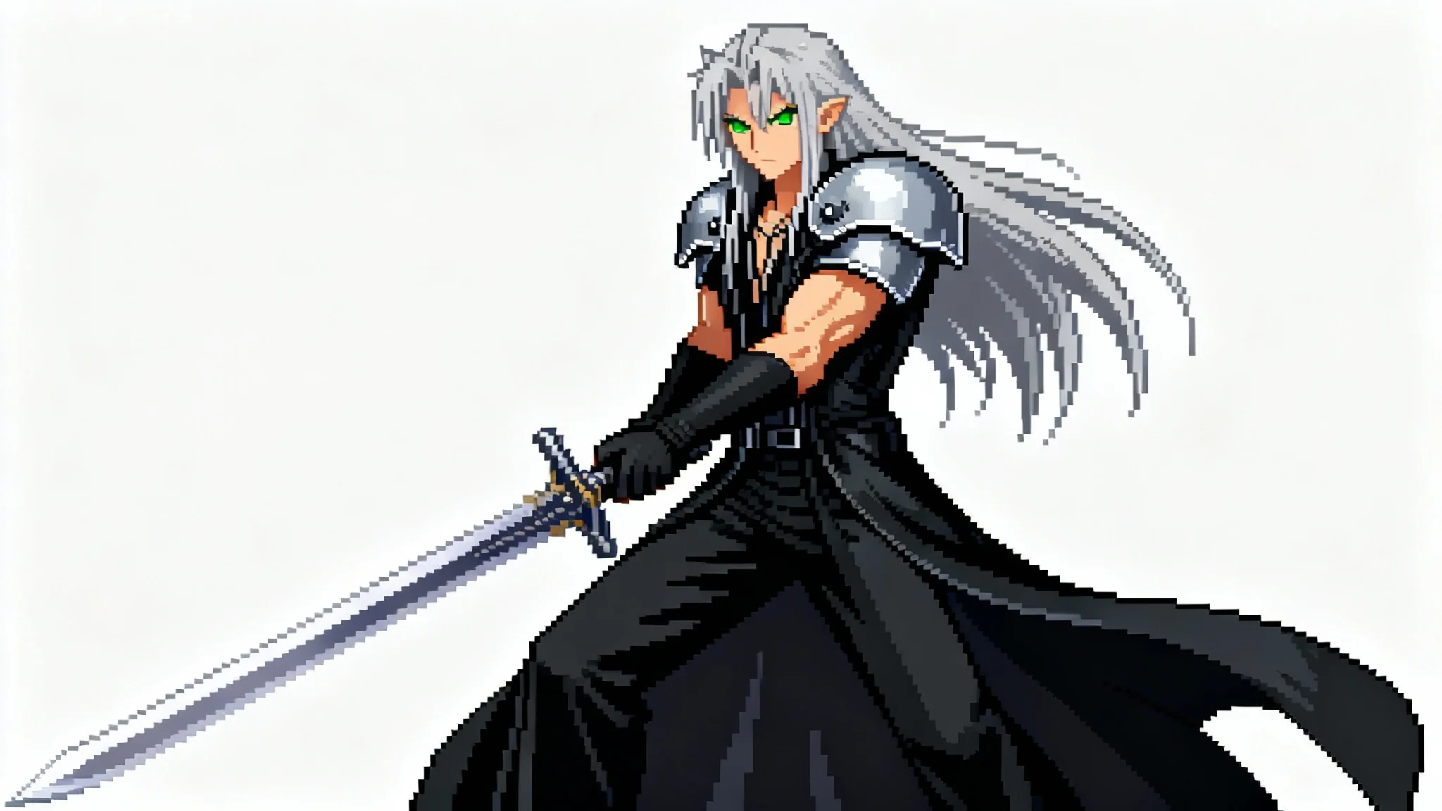 A full-body, 32-bit pixel art illustration of Sephiroth from Final Fantasy VII holding his Masamune sword against a plain white background.
