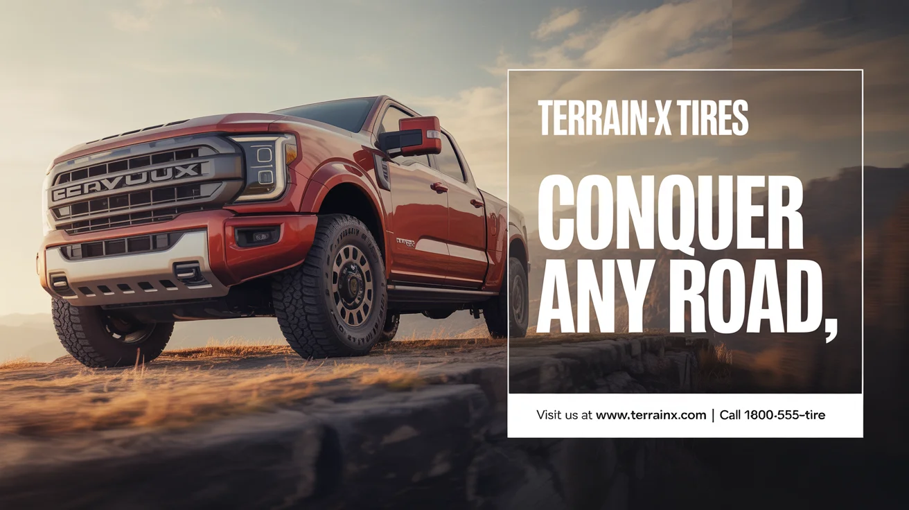 A finished advertisement mockup for heavy-duty tires, showing a rugged red truck on a rocky mountain pass at sunset. The ad features the brand name "TERRAIN-X TIRES", the slogan "CONQUER ANY ROAD", and a website address at the bottom.