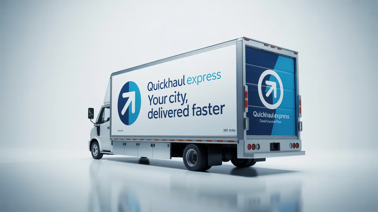 A commercial mockup of a modern white delivery truck on a white background, featuring a professional advertisement for a fictional company 'QuickHaul Express' with the slogan 'Your City, Delivered Faster'.