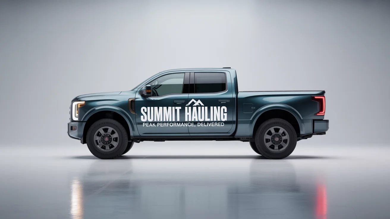 A photorealistic mockup of a modern metallic graphite pickup truck with a commercial ad wrap. The wrap features a mountain logo and the text 'SUMMIT HAULING' and is displayed against a clean white background.