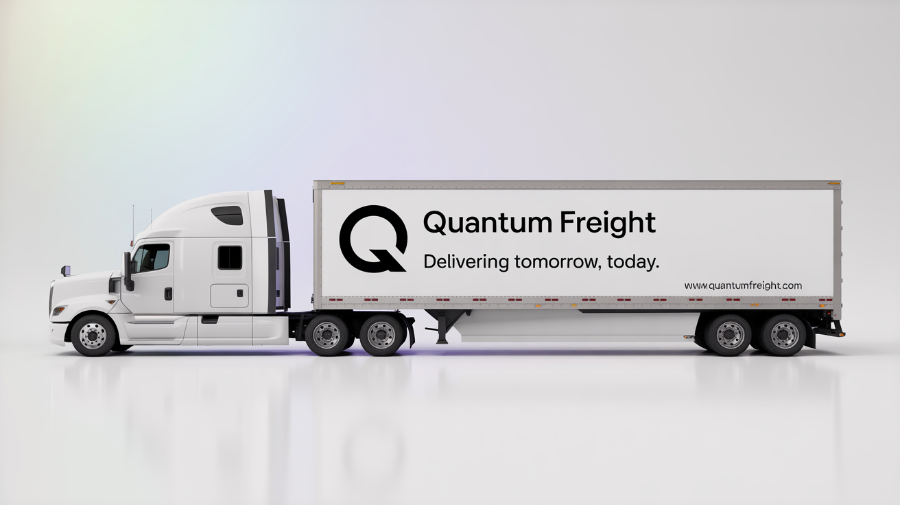 A professional mockup of a modern white semi-truck featuring an advertisement for a fictional company, 'Quantum Freight', on its trailer, set against a clean white background.