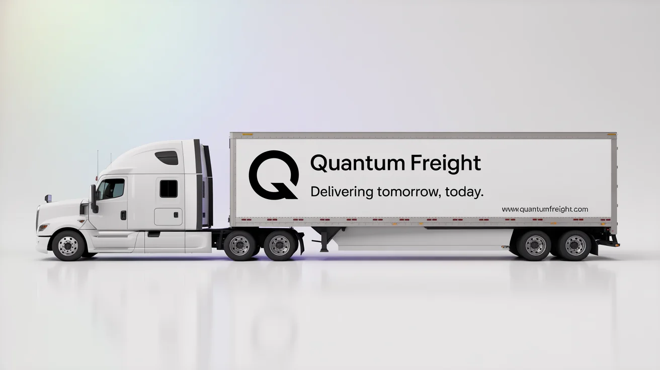 A professional mockup of a modern white semi-truck featuring an advertisement for a fictional company, 'Quantum Freight', on its trailer, set against a clean white background.