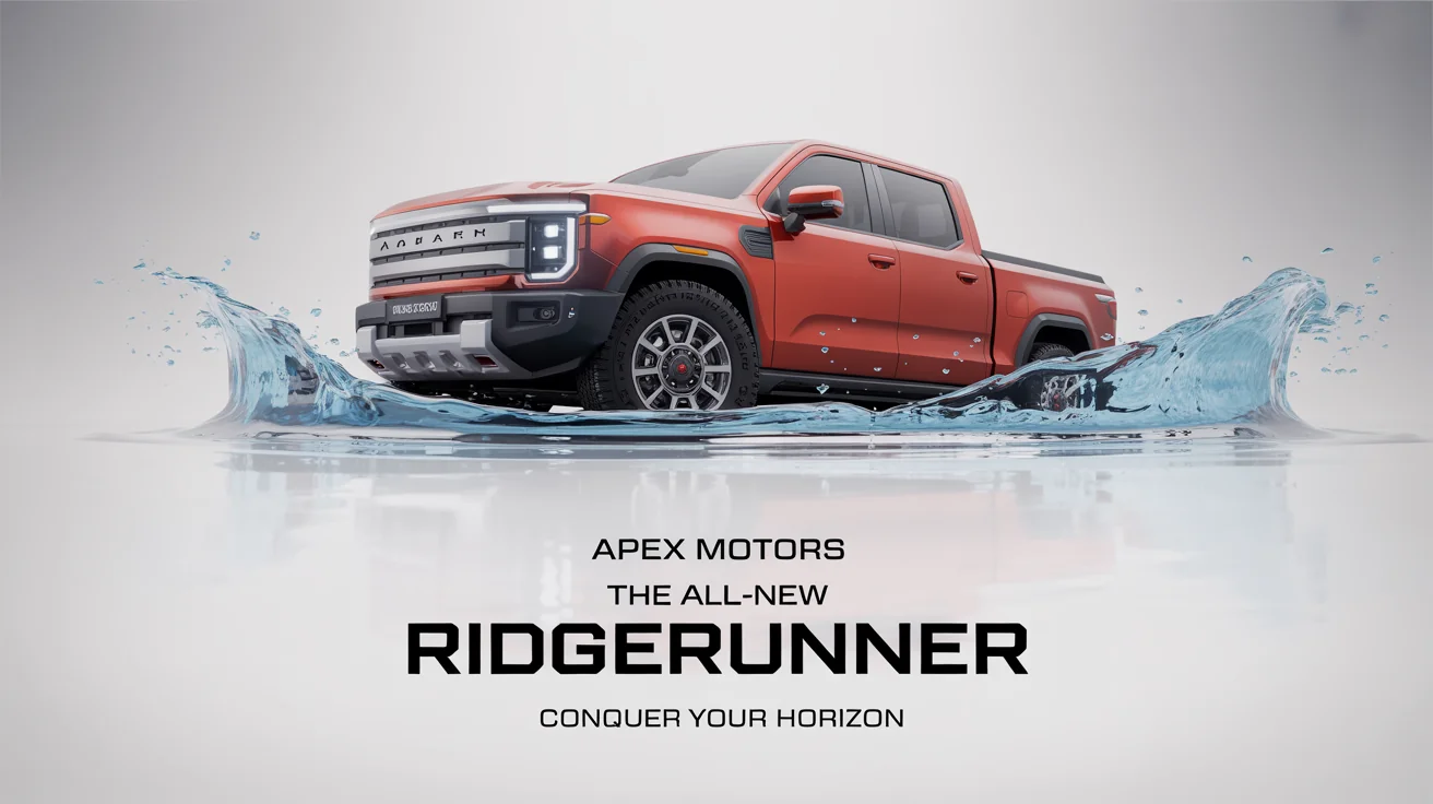 A commercial ad mockup of a modern metallic red pickup truck, the Apex Motors RidgeRunner, splashing through water on a clean white background with the slogan 'Conquer Your Horizon'.