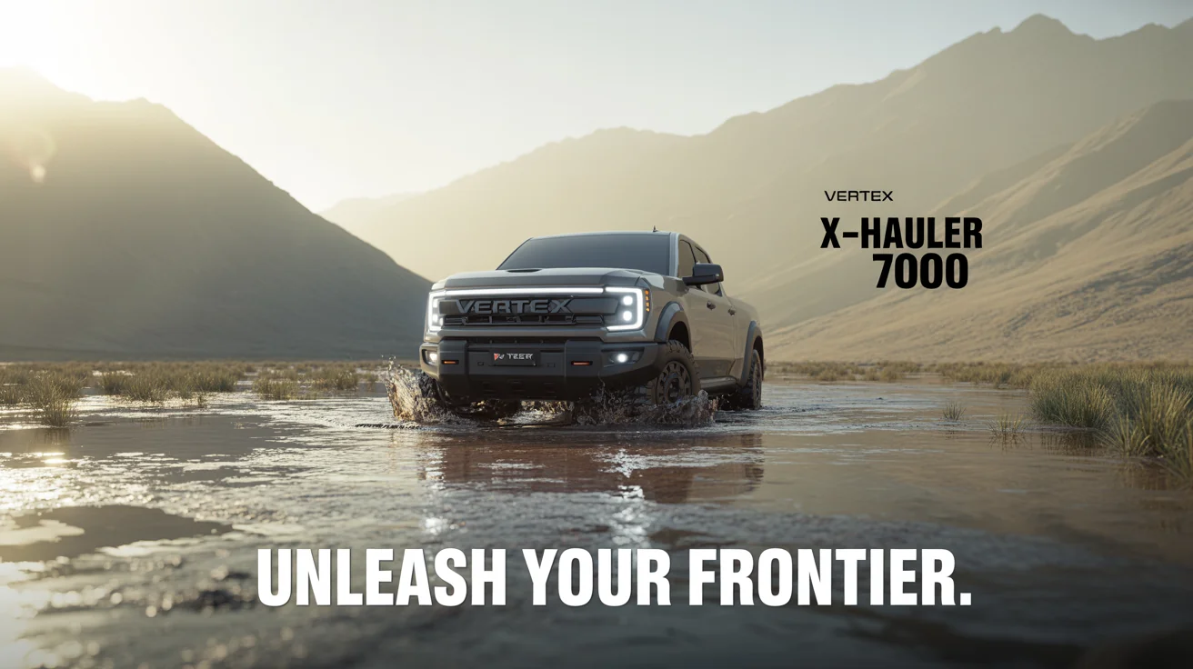 A mockup of a powerful charcoal gray pickup truck, the 'VERTEX X-HAULER 7000', driving through a rugged mountain river at sunrise, with the slogan 'Unleash Your Frontier'.