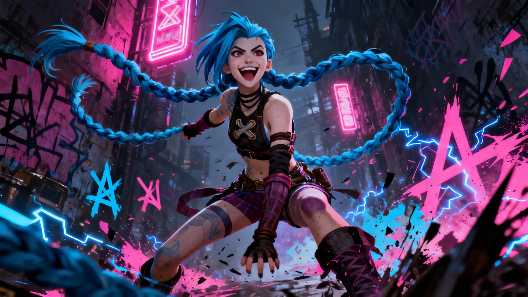 A vibrant 16:9 desktop wallpaper of Jinx from Arcane in a dynamic action pose. Her long blue braids fly through the air against a dark, gritty background illuminated by neon pink and blue graffiti, capturing her chaotic energy.