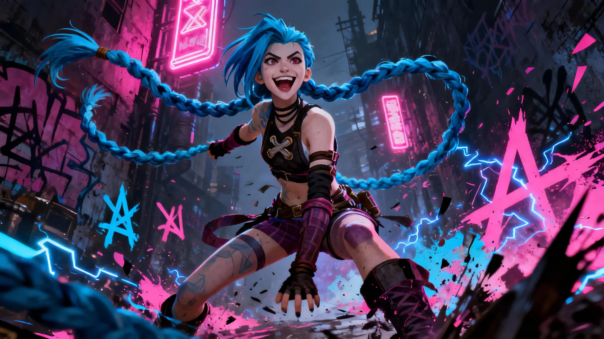 A vibrant 16:9 desktop wallpaper of Jinx from Arcane in a dynamic action pose. Her long blue braids fly through the air against a dark, gritty background illuminated by neon pink and blue graffiti, capturing her chaotic energy.