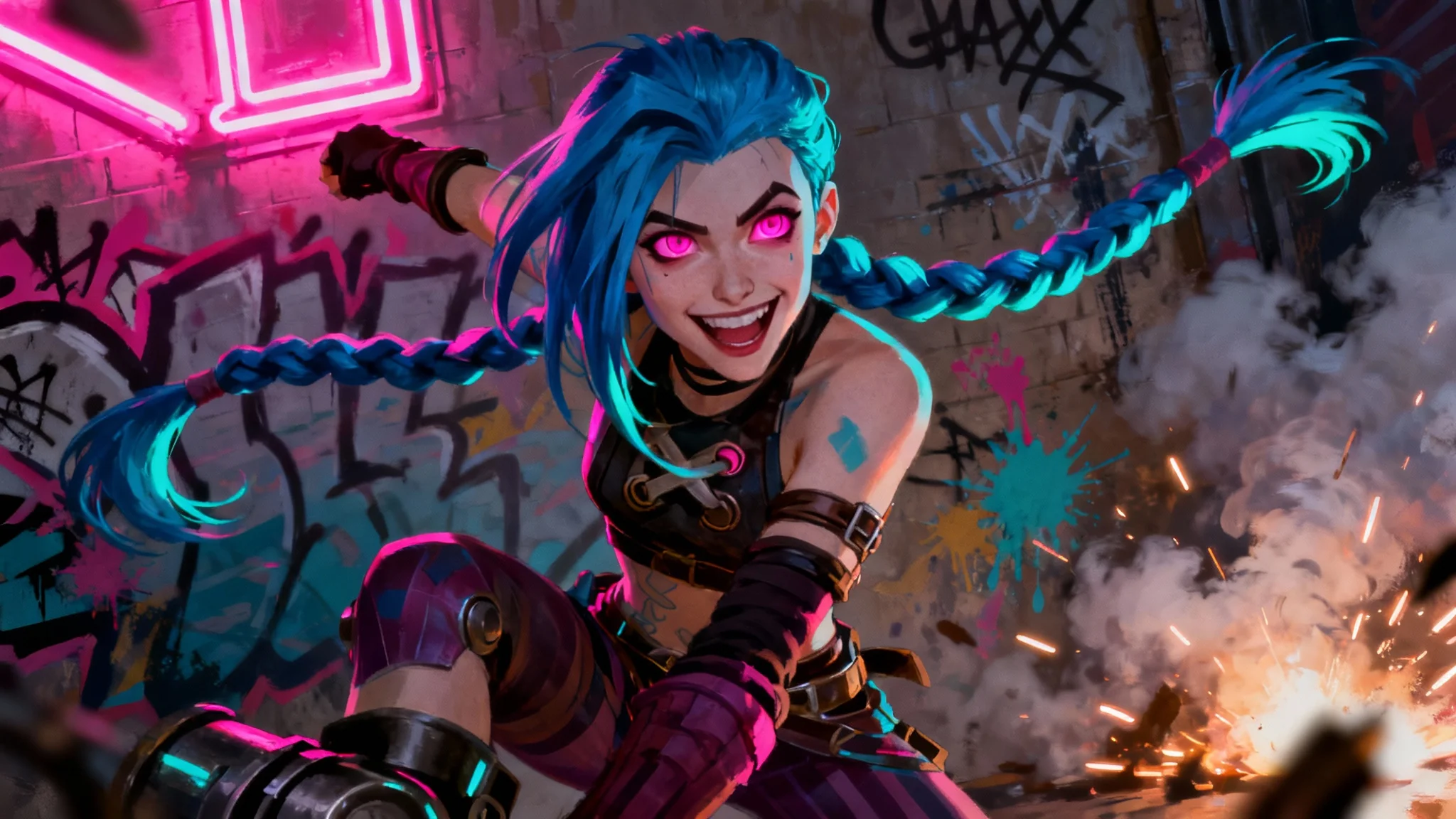 A vibrant and chaotic digital wallpaper of Jinx from Arcane, showing her with a wild expression and flowing blue braids against a graffiti-splattered background with neon lighting.