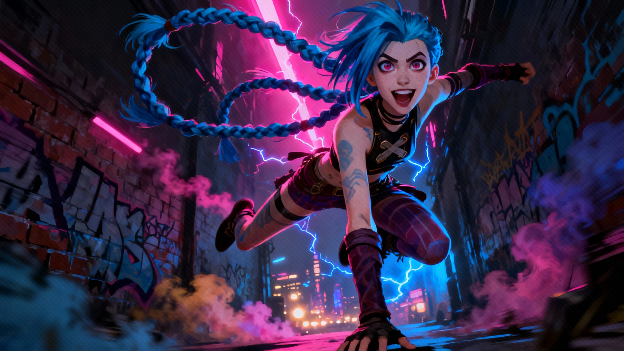 A digital wallpaper featuring Jinx from the TV series Arcane. She is in a dynamic pose against a backdrop of a neon-lit Zaun alley, rendered in the show's signature painterly art style.