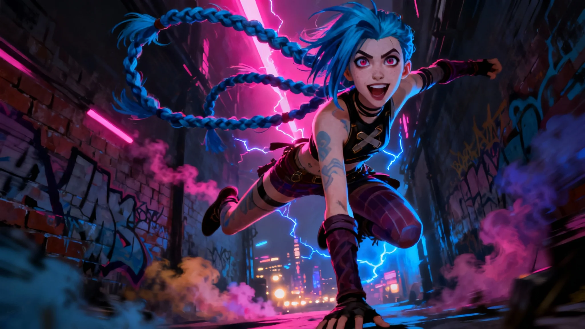 A digital wallpaper featuring Jinx from the TV series Arcane. She is in a dynamic pose against a backdrop of a neon-lit Zaun alley, rendered in the show's signature painterly art style.