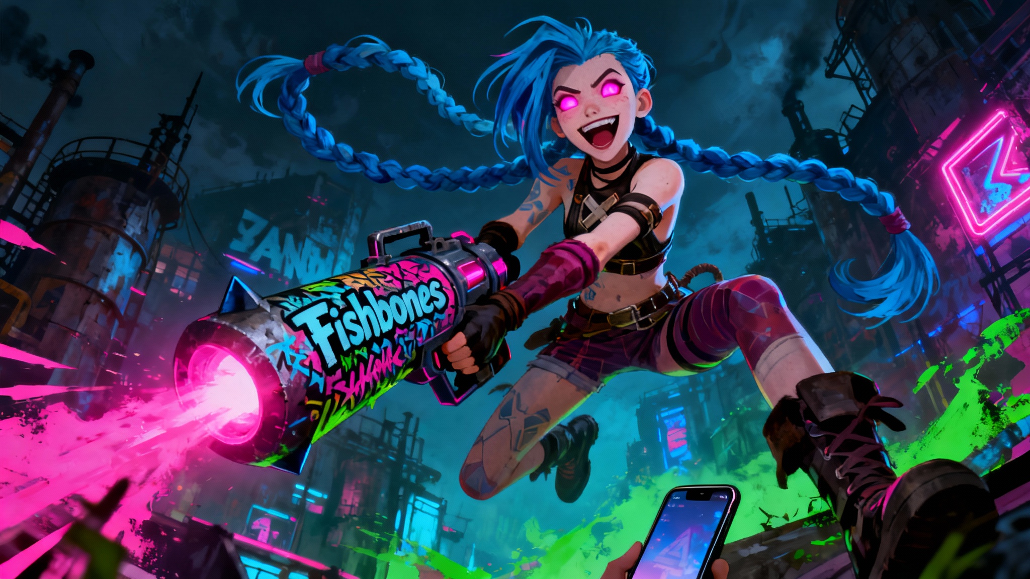 A dynamic digital art wallpaper featuring Jinx from Arcane, leaping through the air with her rocket launcher against the neon-lit backdrop of Zaun.