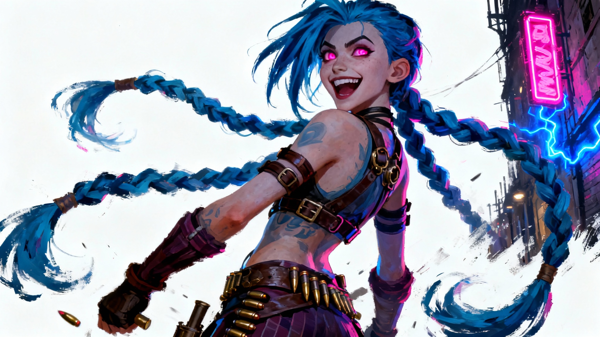 A vertical wallpaper featuring the character Jinx from Arcane, presented against a solid white background. Jinx has long blue braids and a manic grin, set against a dark, neon-lit city alleyway in a painterly art style.