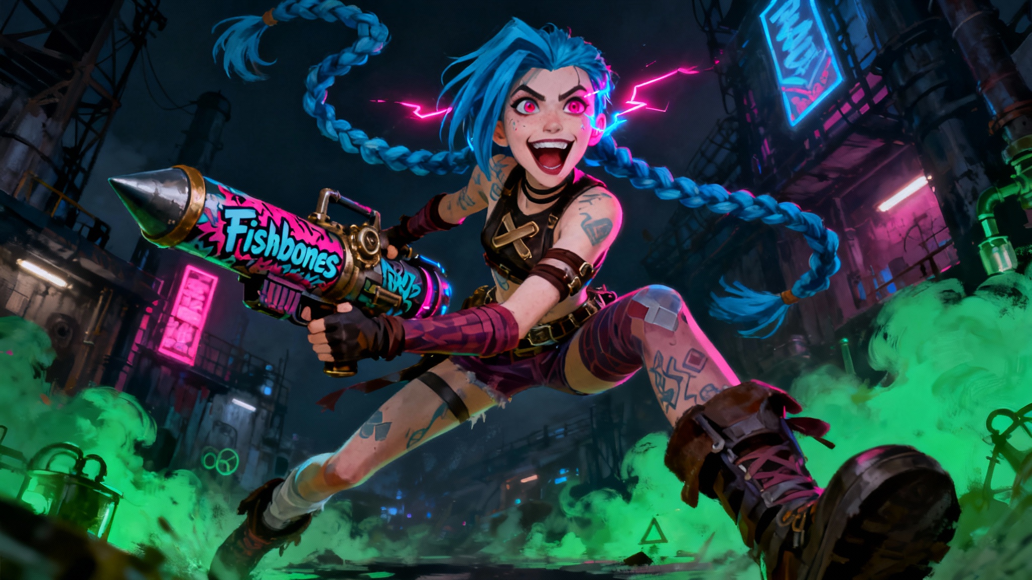 A vibrant and chaotic wallpaper of Jinx from Arcane, in the show's signature painterly art style. She grins manically with her blue braids flying, set against the neon-lit industrial backdrop of Zaun.