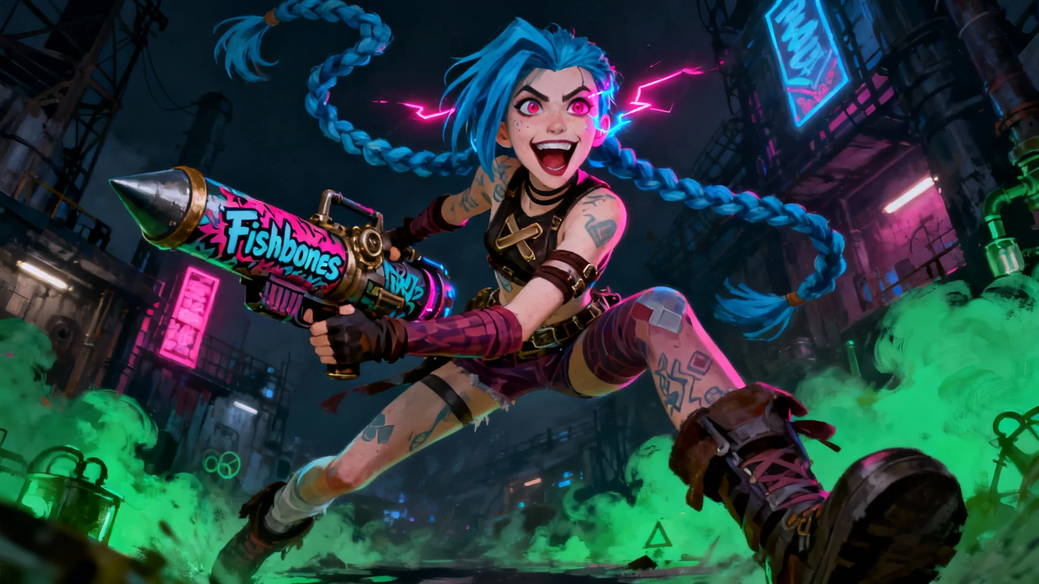 A vibrant and chaotic wallpaper of Jinx from Arcane, in the show's signature painterly art style. She grins manically with her blue braids flying, set against the neon-lit industrial backdrop of Zaun.