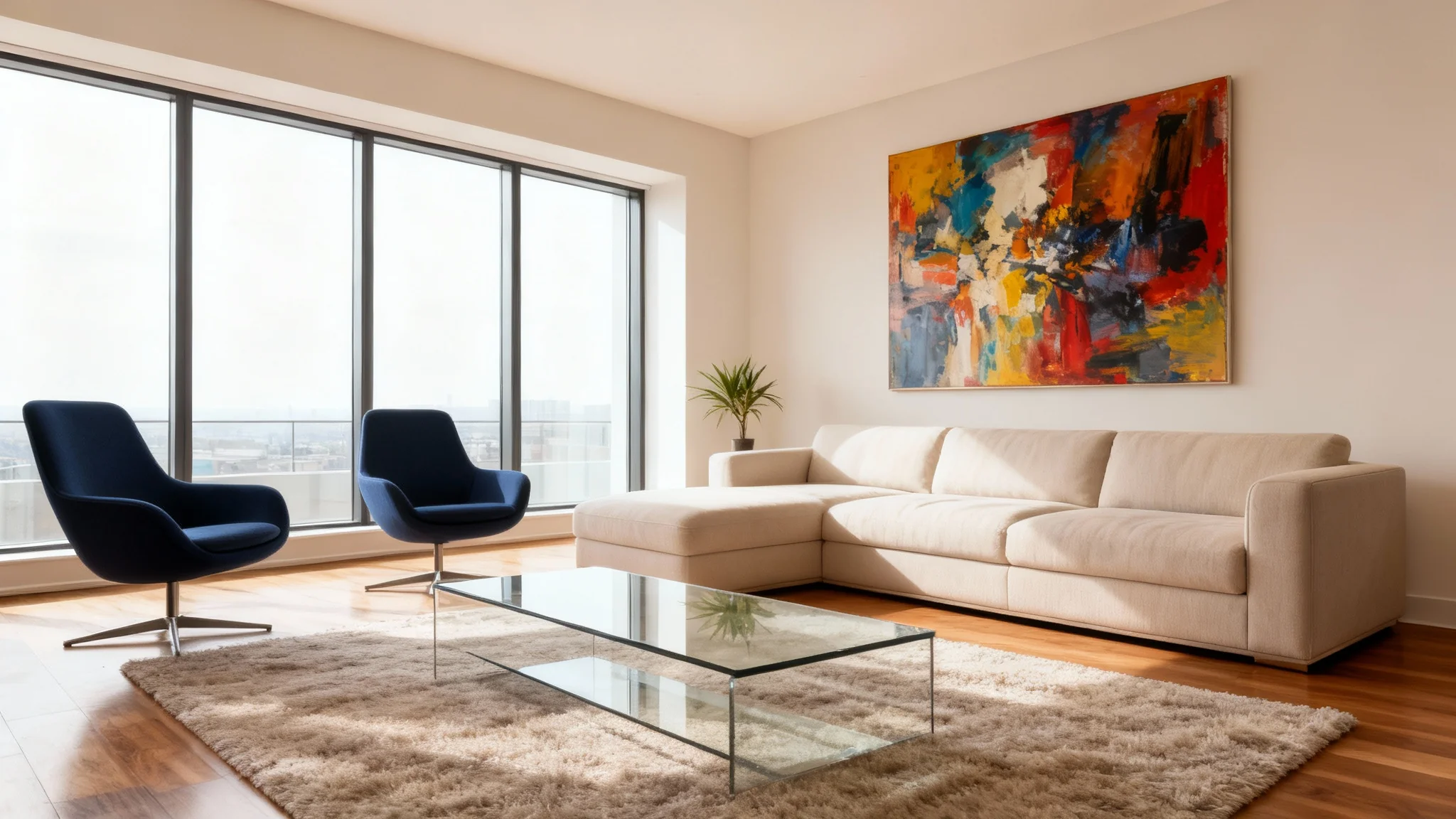 A stunning, virtually staged contemporary living room with a beige sofa, navy blue chairs, a glass coffee table, and modern art, showcasing a polished final result for a real estate listing.