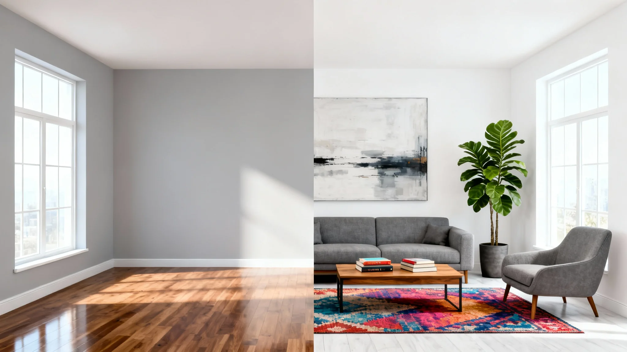 A side-by-side comparison illustrating the power of virtual staging. The left image shows a bright, empty living room, and the right image shows the same room beautifully furnished with modern furniture and decor.
