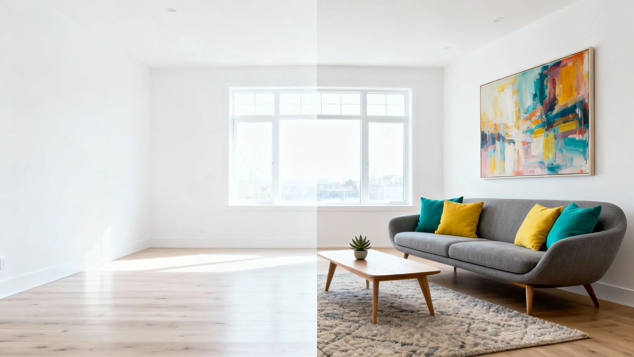 A before-and-after comparison image illustrating virtual staging. The left half shows an empty, unfurnished living room, while the right half shows the same room stylishly furnished with a sofa, coffee table, rug, and wall art.