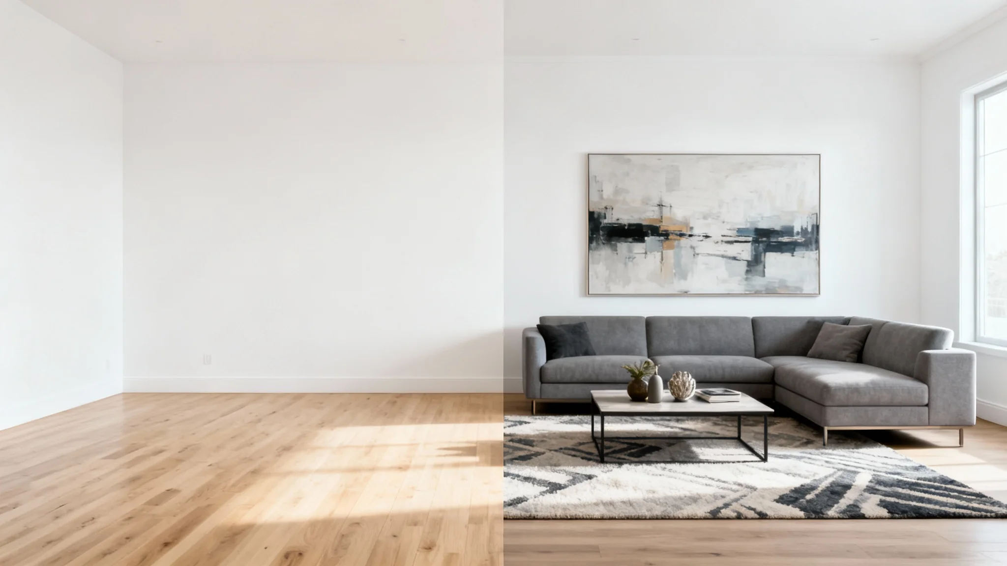 A split-screen comparison showing the power of virtual staging. The left side shows an empty living room, and the right side shows the same room beautifully furnished with a modern sofa, rug, and art.