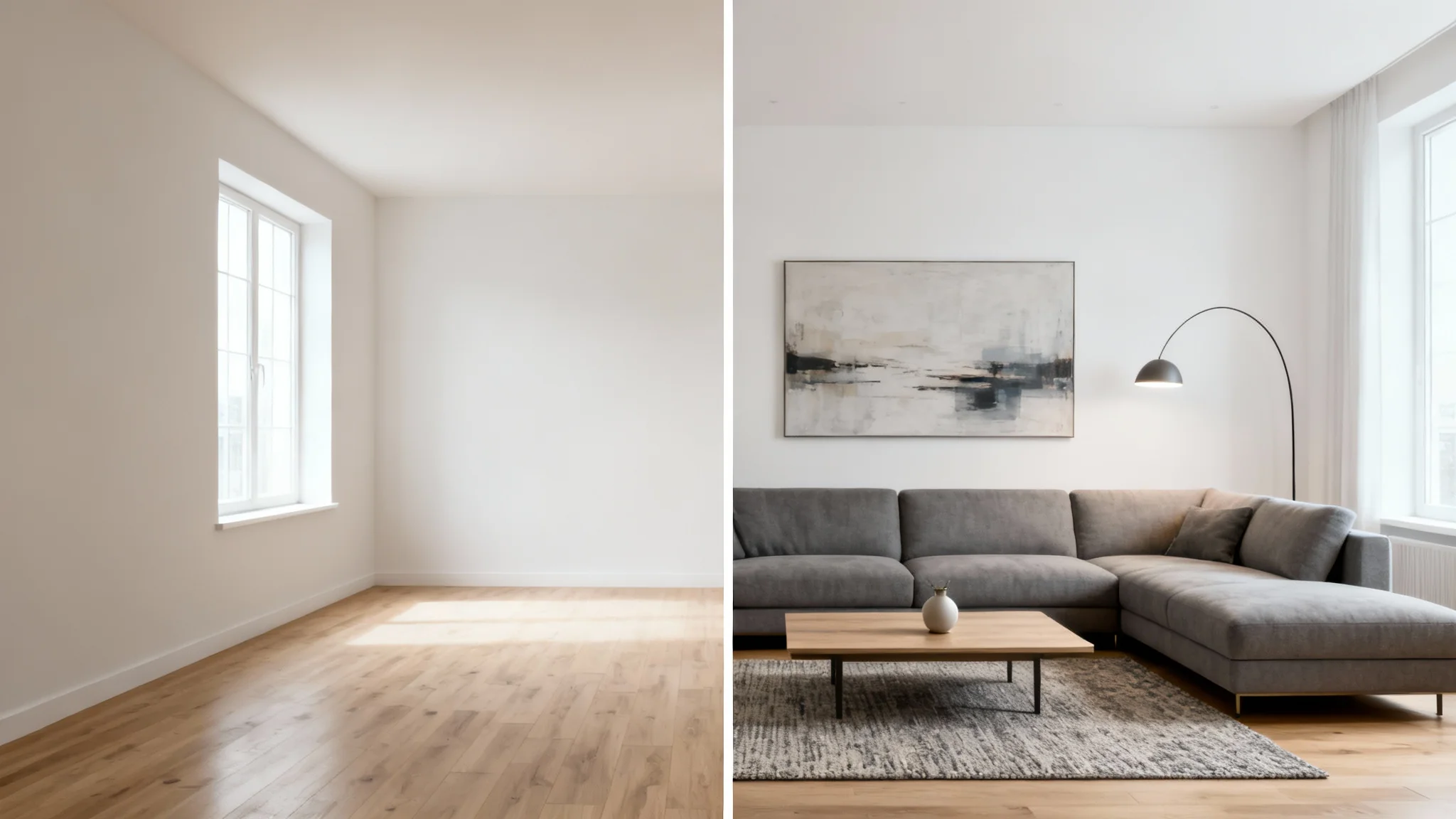 A side-by-side comparison image showcasing virtual staging. The left half shows a bare, empty living room, while the right half shows the same room beautifully furnished with modern furniture and decor.