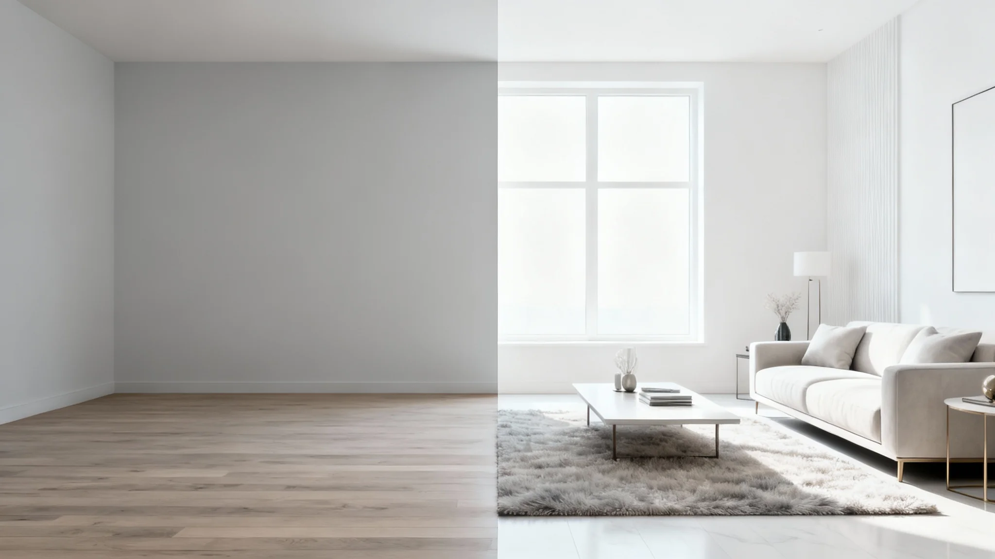A before-and-after image of a living room. The left side is completely empty, while the right side is virtually staged with modern, stylish furniture and decor, demonstrating the effect of virtual staging.