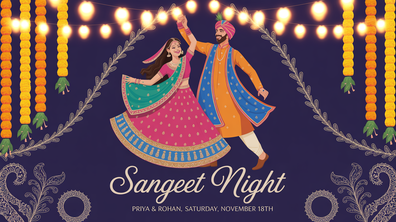 A vibrant Sangeet celebration poster showing a dancing Indian couple, with decorative text that says 'Sangeet Night'. The background is dark blue with golden string lights and floral garlands, representing a final design from a template.