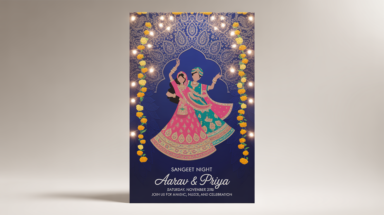 A festive Sangeet poster mockup for a wedding celebration, featuring a dancing couple silhouette, gold paisley patterns on a blue background, and legible text for the event details 'Sangeet Night', 'Aarav & Priya', and the date.