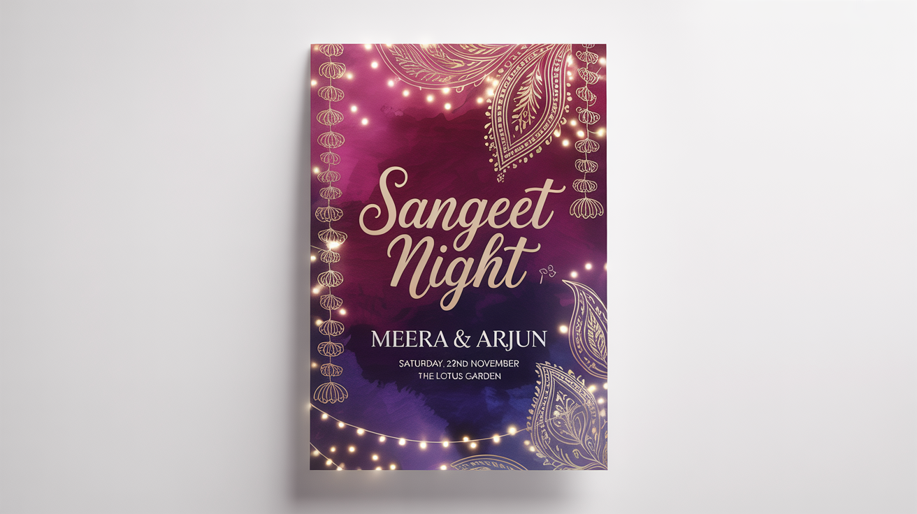 An elegant Sangeet poster mockup for 'Meera & Arjun's' celebration, featuring a magenta and purple watercolor background with gold foil details, displayed against a clean white surface.