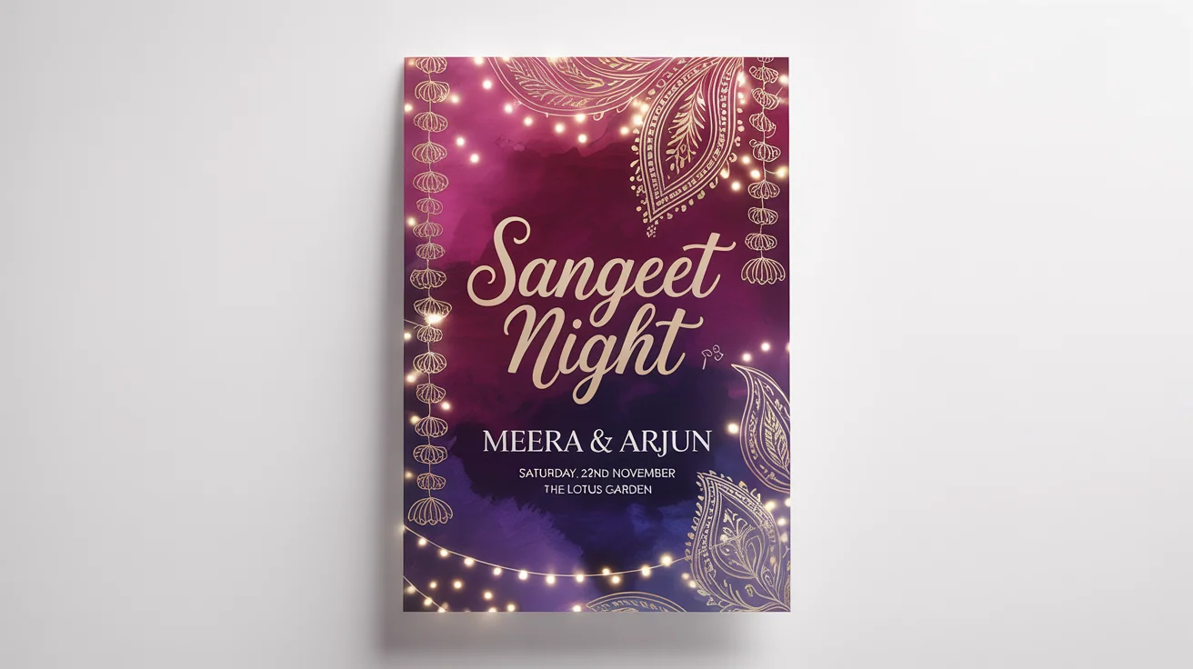 An elegant Sangeet poster mockup for 'Meera & Arjun's' celebration, featuring a magenta and purple watercolor background with gold foil details, displayed against a clean white surface.
