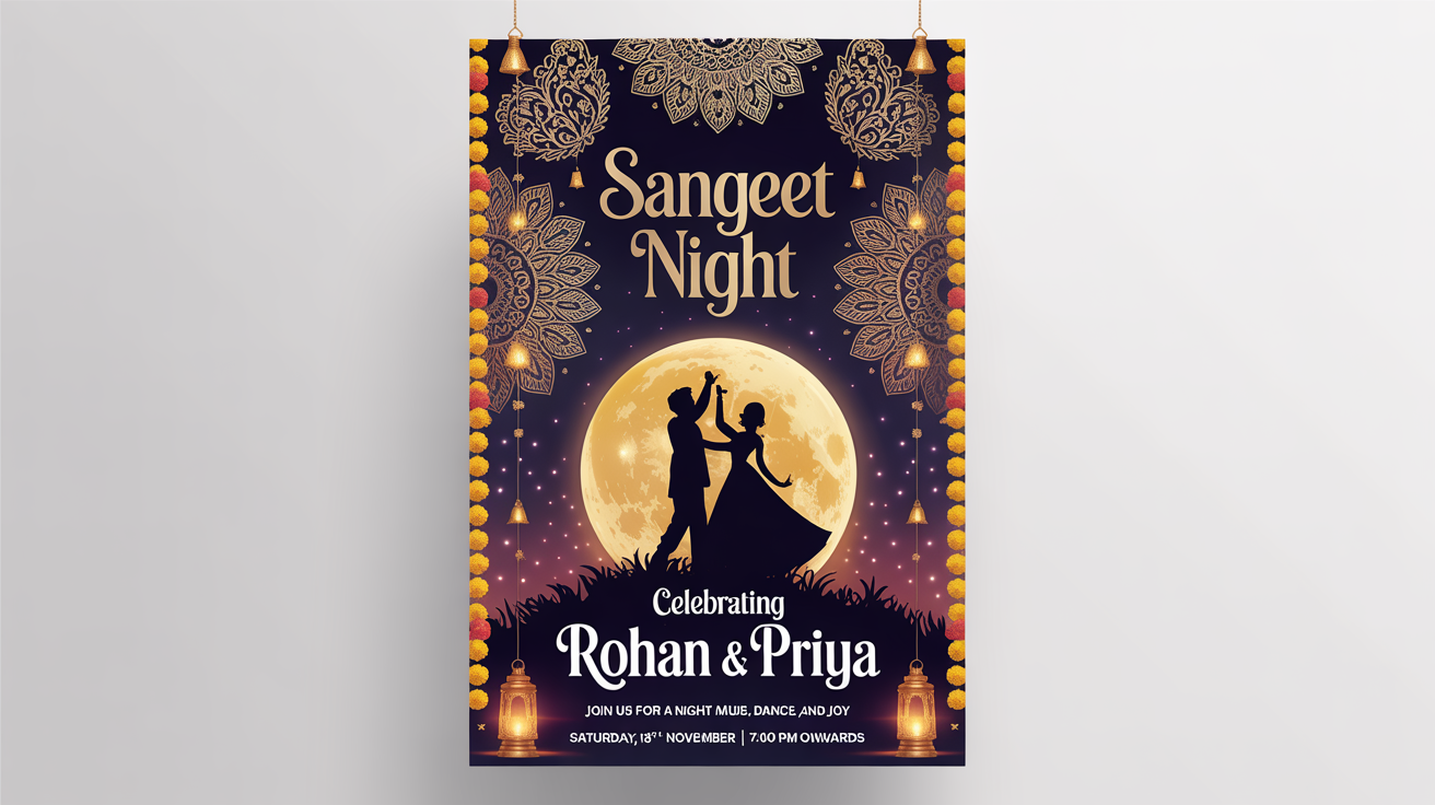 A vibrant Sangeet night poster mockup celebrating a couple named Rohan & Priya. The poster has a navy blue background with gold accents, traditional Indian motifs, and details for the event, all displayed against a plain white background.