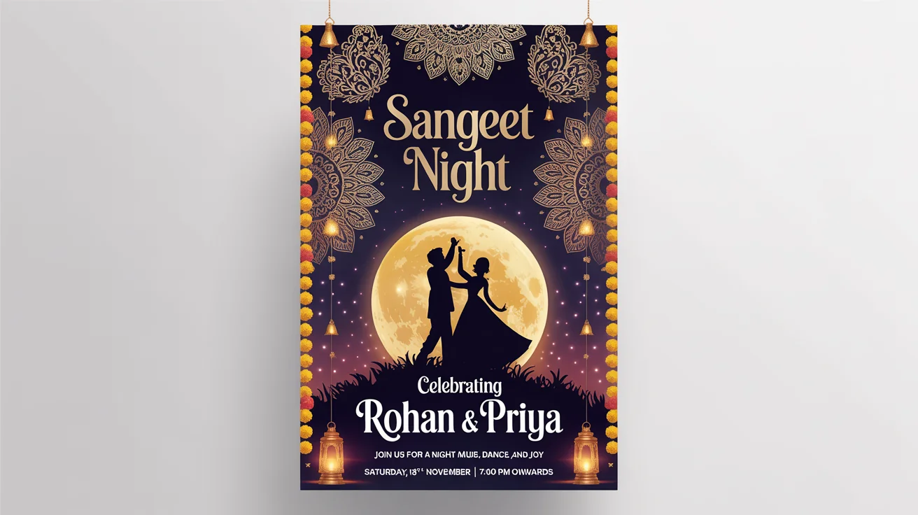 A vibrant Sangeet night poster mockup celebrating a couple named Rohan & Priya. The poster has a navy blue background with gold accents, traditional Indian motifs, and details for the event, all displayed against a plain white background.