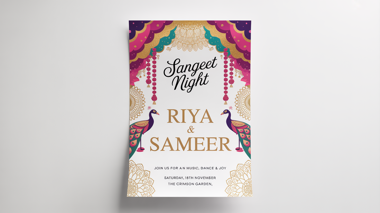 A vibrant and ornate Sangeet poster mockup for 'Riya & Sameer', featuring traditional Indian motifs like peacocks and mandalas in magenta, purple, and gold on a white background.